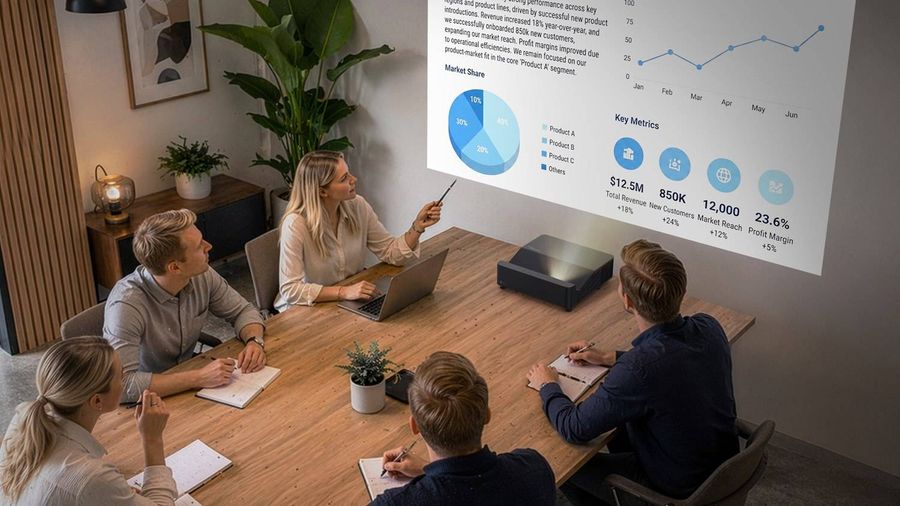 Le vid&eacute;oprojecteur ultra courte focale Optoma ZU600UST projette des graphiques sur un mur lors d&rsquo;une r&eacute;union professionnelle.