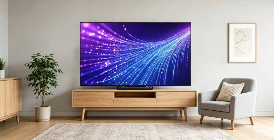 Le t&eacute;l&eacute;viseur Panasonic TN-55W95C sur un meuble en bois affiche des motifs lumineux bleus et violets dans un salon.