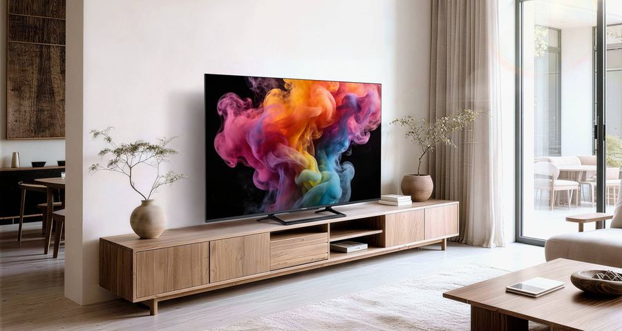 T&eacute;l&eacute;viseur Panasonic TN-65W90C QD-Mini LED de 65 pouces pr&eacute;sent&eacute; sur un meuble TV en bois dans un s&eacute;jour contemporain.