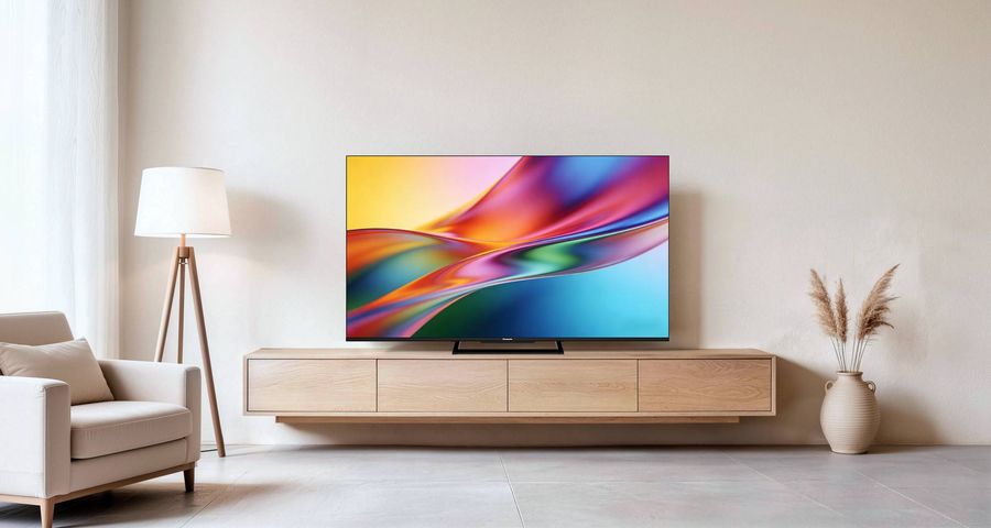 T&eacute;l&eacute;viseur Panasonic TN-75W90C QD-Mini LED de 75 pouces install&eacute; sur un meuble en bois clair dans un salon lumineux.