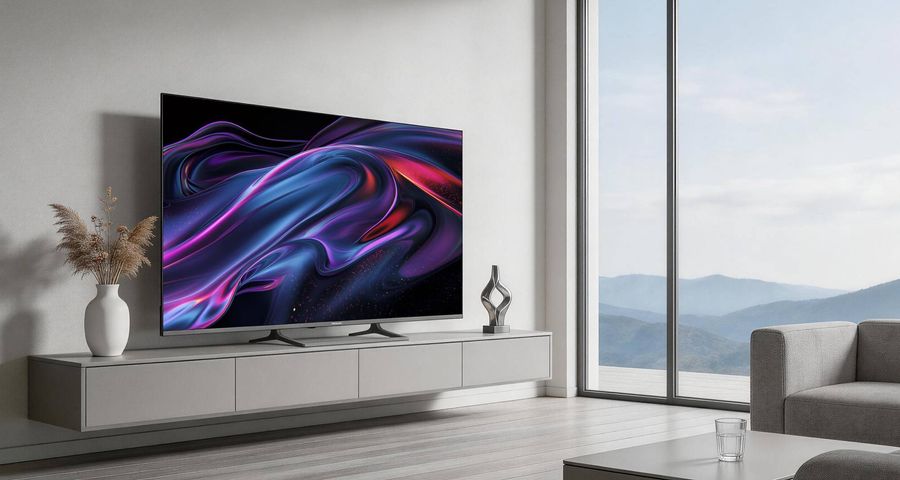 T&eacute;l&eacute;viseur Panasonic TV-75W83C QLED 4K install&eacute; sur un meuble dans un salon lumineux, pr&egrave;s d'une grande baie vitr&eacute;e.