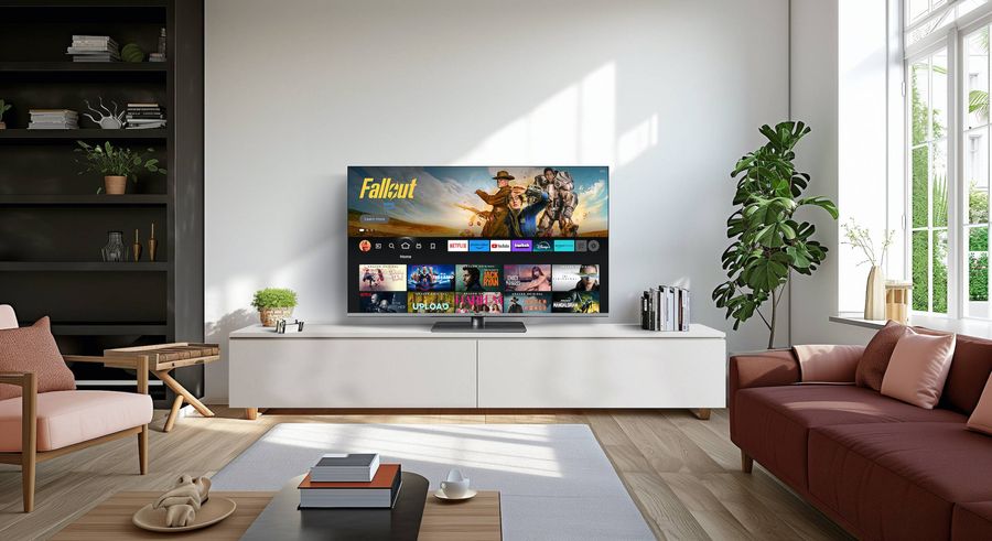 Téléviseur Panasonic TV-65W83AE6 installé dans un salon moderne et lumineux avec décoration minimaliste.
