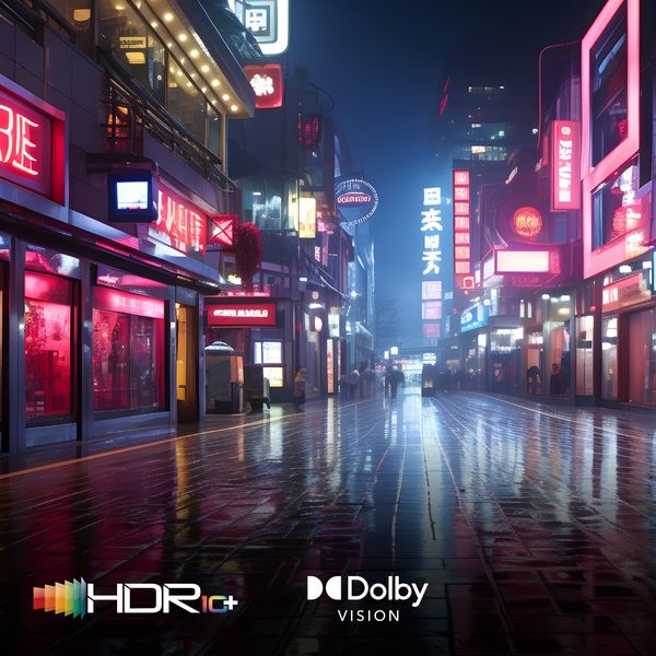 Téléviseur Panasonic TV-65W83AE6 avec compatibilité HDR10+ et Dolby Vision affichant une scène urbaine nocturne colorée.