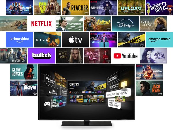 Téléviseur Panasonic TV-75W95BEG avec interface Fire TV intégrée affichant des services de streaming populaires comme Netflix et Prime Video.