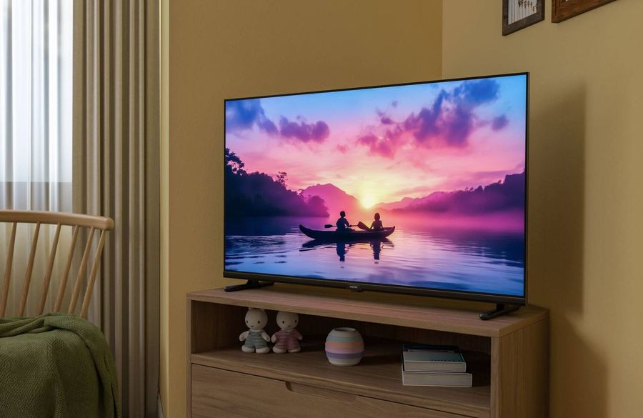 TV Philips 24PHS6050 &agrave; &eacute;cran LED HD de 60 cm affichant un paysage au coucher du soleil sur un meuble de chambre.