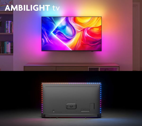  Téléviseur Philips 50PUS9000 The One QLED affiché de face et de dos avec système Ambilight activé.