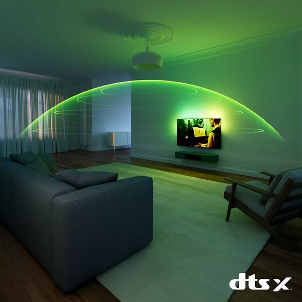  Téléviseur 4K Mini LED Philips 65MLED910 diffusant du son avec effet visuel illustrant la technologie audio DTS:X.