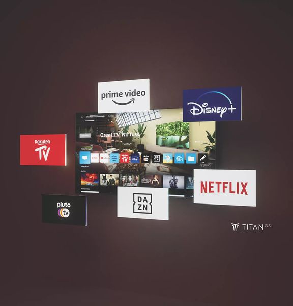  Interface du téléviseur 4K Mini LED Philips 65MLED910 affichant les applications de streaming sur le système Titan OS.