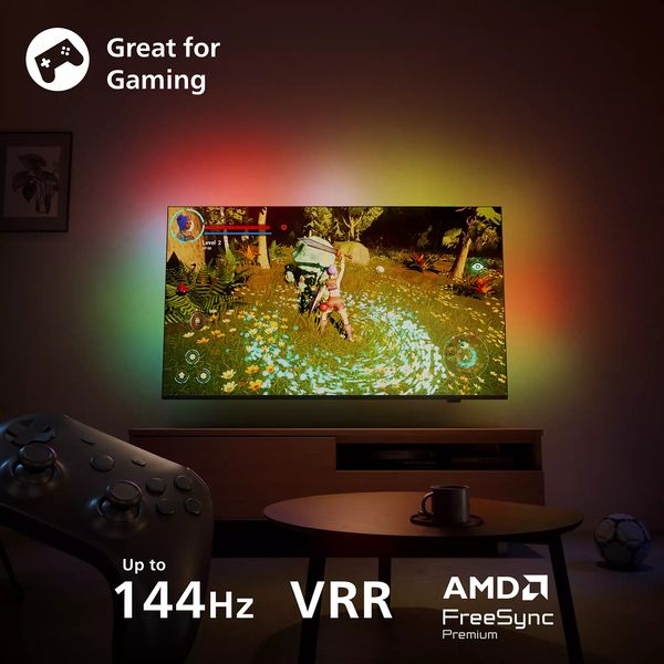  Téléviseur 4K Mini LED Philips 65MLED910 affichant un jeu vidéo avec compatibilité 144 Hz, VRR et AMD FreeSync Premium.