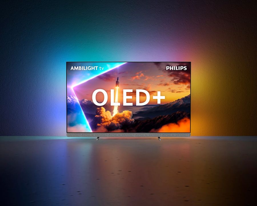 Téléviseur OLED 4K Philips 55OLED910  Téléviseur OLED 4K Philips 55OLED910 affichant une image dynamique avec rétroéclairage Ambilight actif sur quatre côtés.