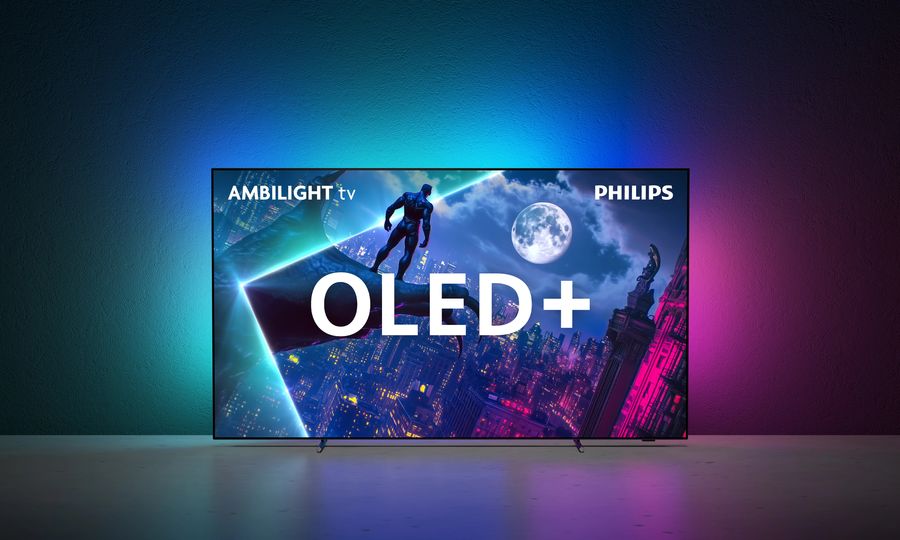 Téléviseur OLED+ Philips 65OLED950 avec technologie Ambilight pour une immersion visuelle et lumineuse améliorée.
