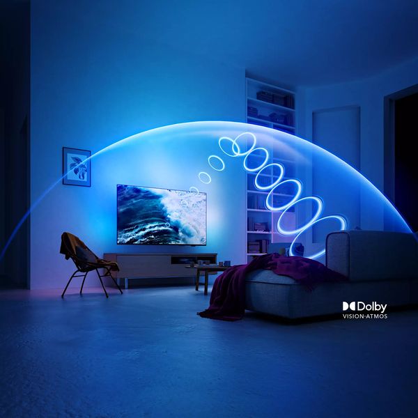 Téléviseur Philips 75MLED910 QD MiniLED diffusant un son immersif grâce aux technologies Dolby Atmos et DTS:X.