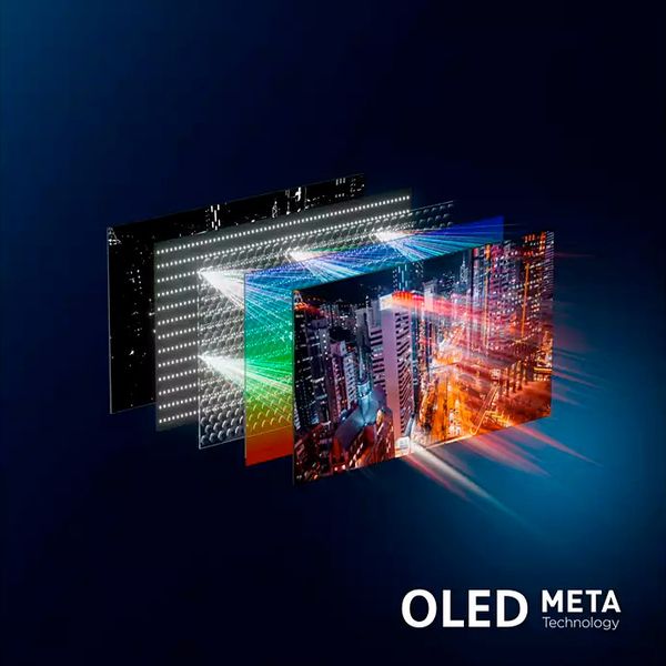 Diagramme illustrant les couches de la technologie OLED META du téléviseur Philips 42OLED810 pour une meilleure qualité d'image.