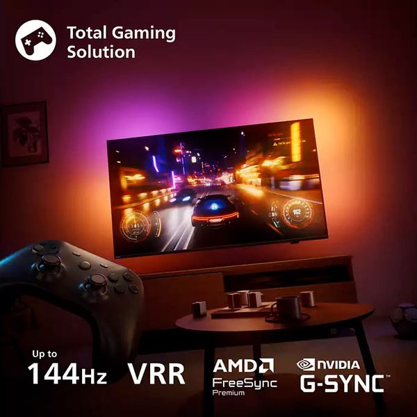 Téléviseur OLED Philips 42OLED810 affichant un jeu de course, compatible 144 Hz, VRR, FreeSync et G-SYNC.