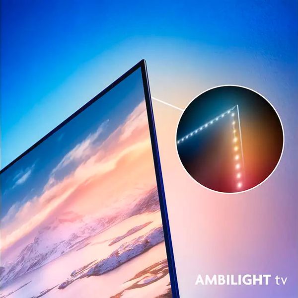 Gros plan sur la technologie Ambilight du téléviseur OLED Philips 42OLED810 avec rétroéclairage LED coloré à l’arrière.