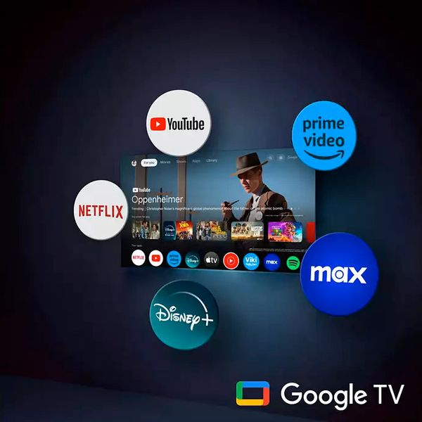 Interface Google TV – Philips 55OLED910  Interface Google TV du téléviseur OLED 4K Philips 55OLED910 affichant plusieurs applications de streaming populaires.