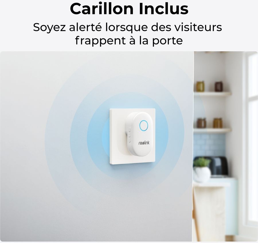 La sonnette caméra Reolink D340P est livrée avec un carillon intérieur pour recevoir les notifications sans smartphone.