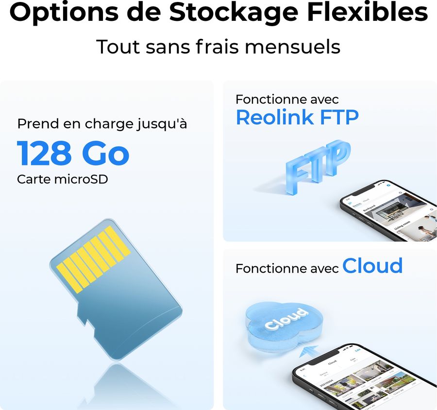 Avec de multiple solutions de stockages de vidéos, la caméra de surveillance Reolink Go Series G330 est polyvalente.