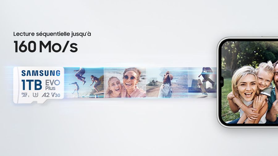 La carte Samsung MicroSDXC EVO Plus 512 Go (2024) permet d'atteindre un d&eacute;bit de transfert jusqu'&agrave; 160 Mo/s.