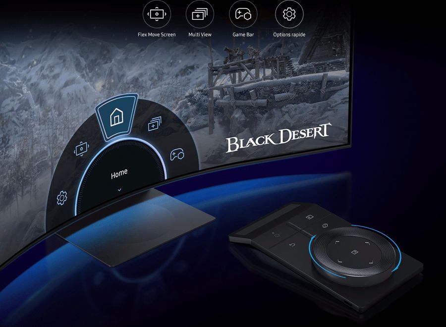 La télécommande Ark Dial permet de piloter l’écran Samsung Odyssey Ark 2nd Gen - G97NC 55”, avec un accès complet aux fonctions comme le Multi View, les réglages de ratio et les paramètres de jeu.