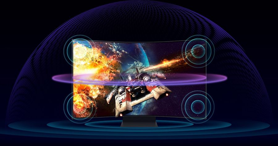 Le Samsung Odyssey Ark 2nd Gen - G97NC 55” délivre un son 2.2.2 de 60 W avec Dolby Atmos, où les effets sonores se déplacent en cohérence avec l’image.