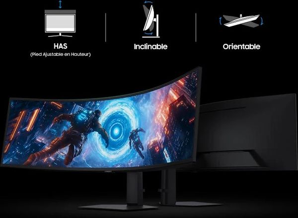 Les options de r&eacute;glage du Samsung Odyssey G9 - G91F 49'' offrent la possibilit&eacute; d&rsquo;adapter l&rsquo;&eacute;cran &agrave; diff&eacute;rents agencements de bureau.