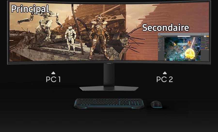 La fonctionnalité PbP du Samsung Odyssey G9 - G91F 49&quote; permet de visualiser en parallèle deux sources vidéo sur le même écran de jeu.