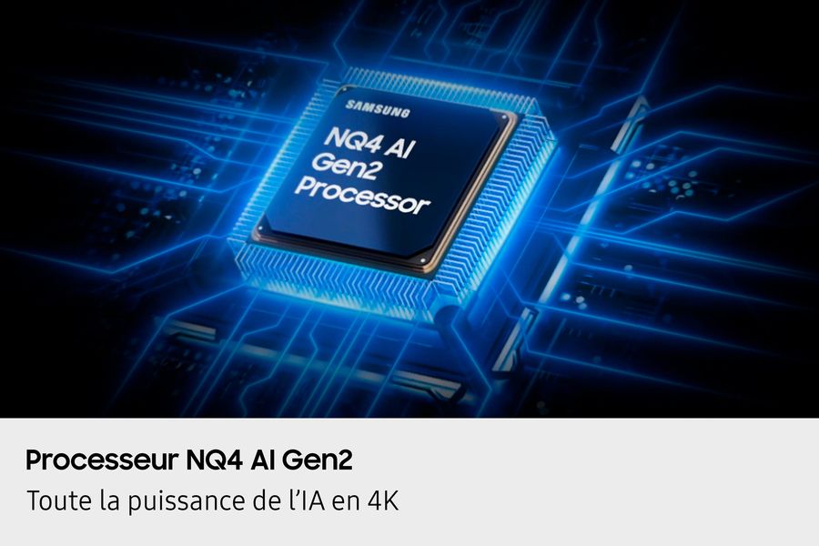 Processeur NQ4 AI Gen2 du téléviseur 4K Mini LED Samsung TQ55QN70F mis en avant sur fond numérique.