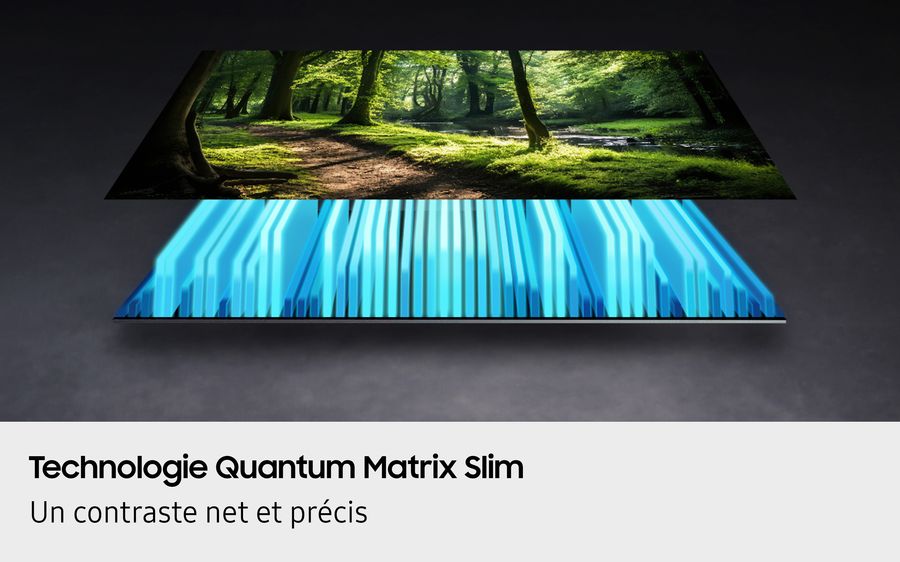 Technologie Quantum Matrix Slim du téléviseur 4K Mini LED Samsung TQ55QN70F illustrant la gestion du rétroéclairage.