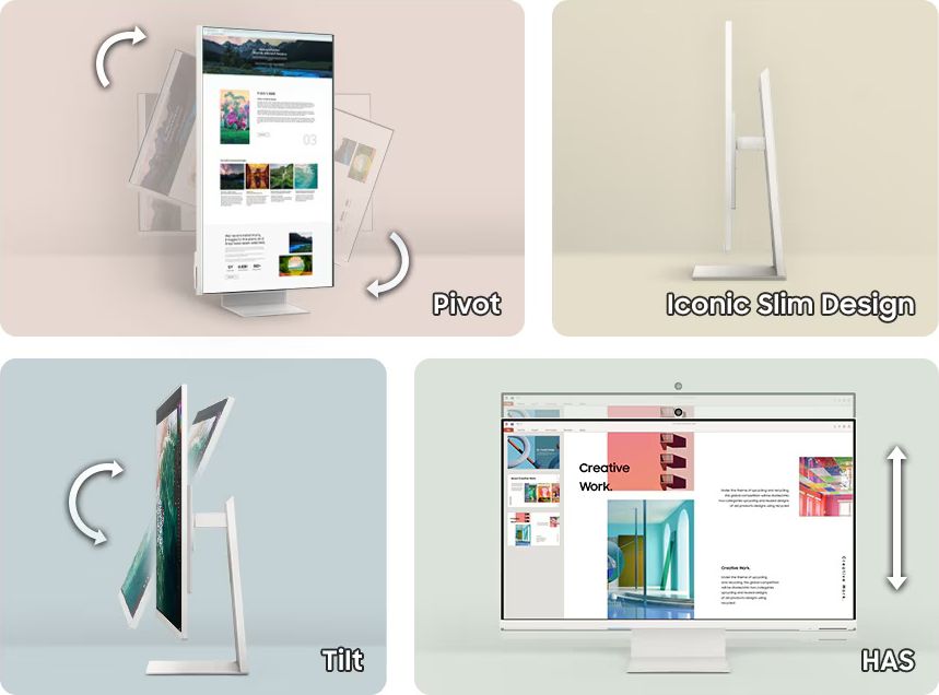 Samsung Smart Monitor M8 (M80F) : design blanc mat, réglages ergonomiques et compatibilité VESA pour installation flexible.