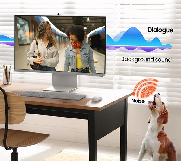 Samsung Smart Monitor M8 (M80F) : audio immersif 10 W, Adaptive Sound Pro et amplification vocale intelligente.