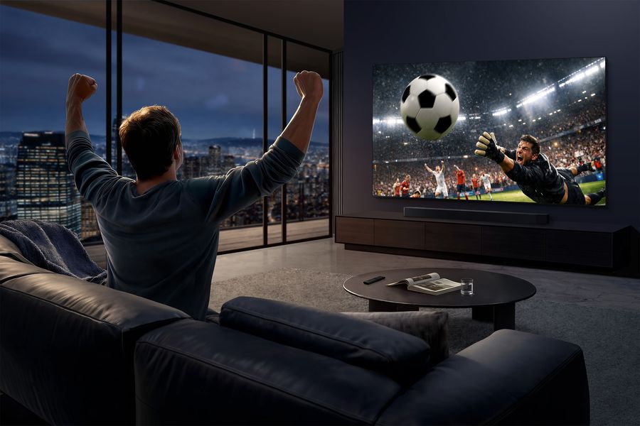  TV Samsung 65R95H affichant uin match de foot dans un salon