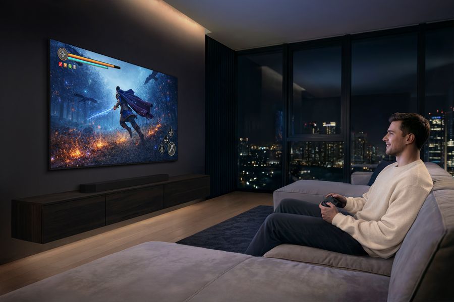 TV Samsung TMR65R95H utilis&eacute;e dans un grand salon pour jouer aux jeux vid&eacute;o