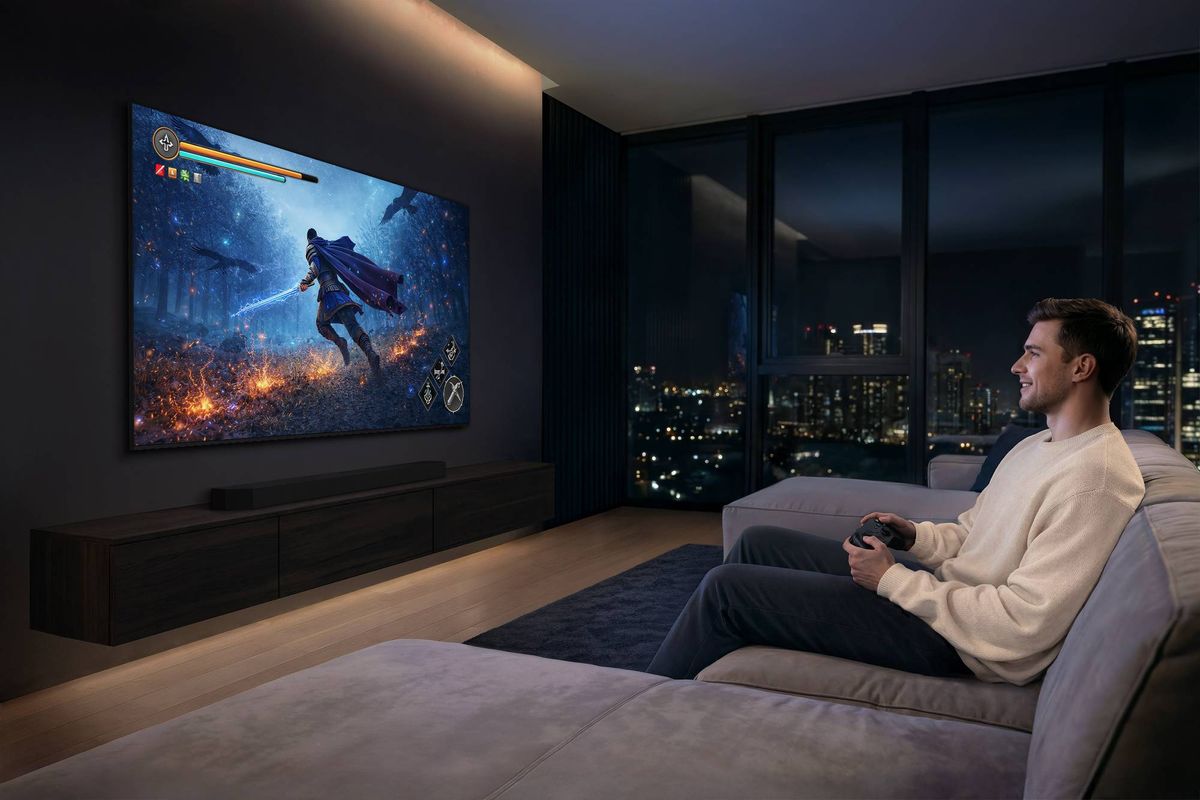 TV RGB Mini LED utilis&eacute;e le soir dans un salon pour les jeux vid&eacute;o