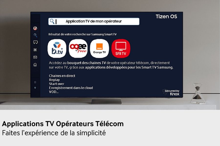  Le Samsung TQ50Q7F4, équipé de One UI Tizen, donne accès facilement à de nombreuses applications et contenus gratuits via Samsung TV Plus. Il propose aussi la diffusion AirPlay et l'intégration des applications des opérateurs français pour regarder la télévision.