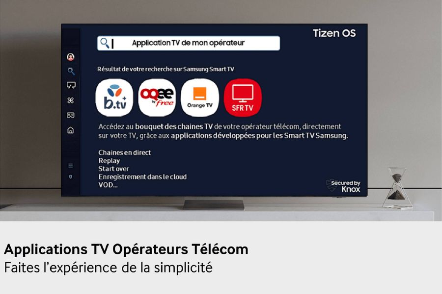  Applications des opérateurs télécoms sur TV 8K Samsung TQ75QN900F avec accès direct aux bouquets TV.