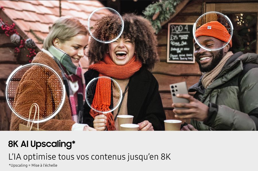  Technologie 8K AI Upscaling sur TV 8K Samsung TQ75QN900F avec amélioration automatique des contenus en basse résolution.