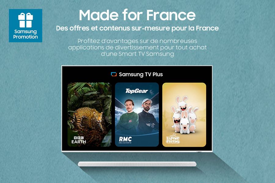 Samsung TV Plus France - TV 8K Samsung TQ65QN990F  Écran Samsung TV Plus sur TV 8K Neo QLED Mini LED Samsung TQ65QN990F avec contenus localisés pour la France.