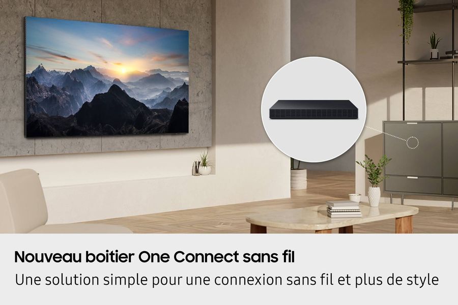 Boîtier One Connect - TV 8K Samsung TQ65QN990F  TV 8K Neo QLED Mini LED Samsung TQ65QN990F avec boîtier One Connect sans fil pour une installation épurée.