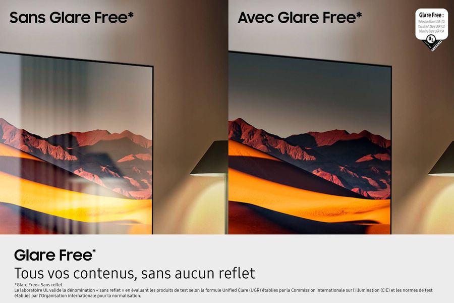 Glare Free - TV 8K Samsung TQ65QN990F  Comparaison de l’écran avec et sans traitement Glare Free sur TV 8K Neo QLED Mini LED Samsung TQ65QN990F.
