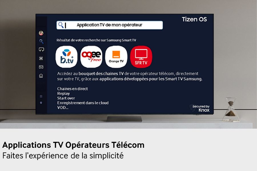  Le Samsung TQ85Q7F4, équipé de One UI Tizen, donne accès facilement à de nombreuses applications et contenus gratuits via Samsung TV Plus. Il propose aussi la diffusion AirPlay et l'intégration des applications des opérateurs français pour regarder la télévision.