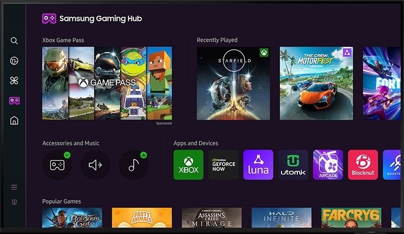 Intégré au très grand téléviseur Samsung TU98DU9005, le Gaming Hub permet de jouer aux jeux vidéo sans PC ni console.