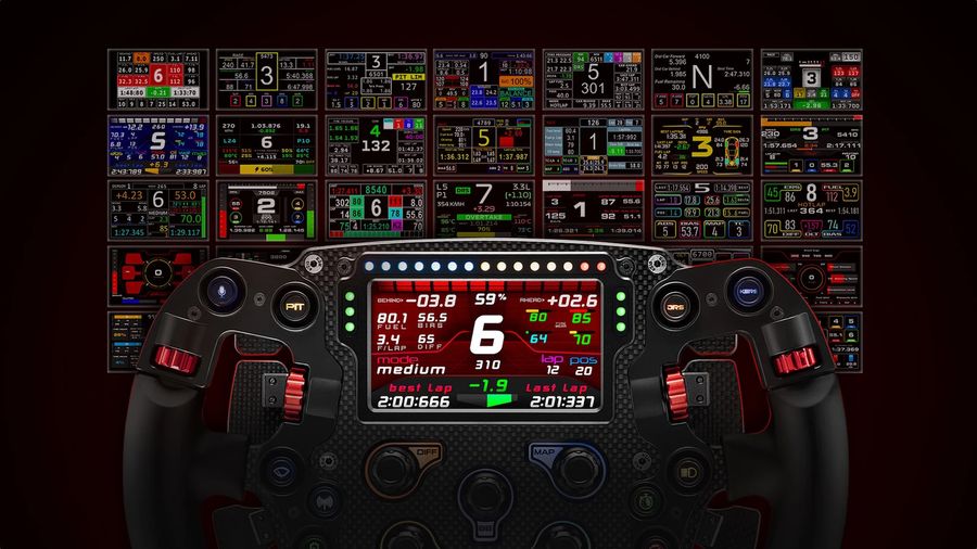 &Eacute;cran LCD 4,3 pouces du Simagic FX PRO affichant les donn&eacute;es de t&eacute;l&eacute;m&eacute;trie en temps r&eacute;el