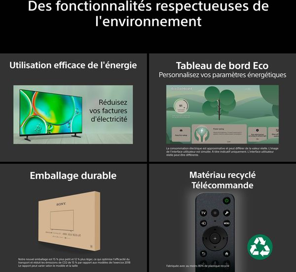 Fonctions écoresponsables du téléviseur Sony 43 Bravia 2 II (43S2M2) Téléviseur Sony 43 Bravia 2 II (43S2M2) mettant en avant ses fonctions d’économie d’énergie et ses matériaux recyclés.