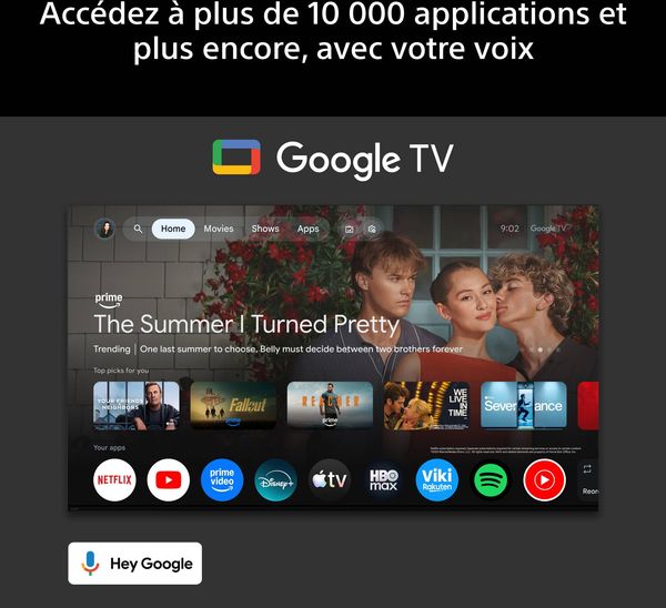 Google TV sur le téléviseur Sony 50 Bravia 2 II (50S2M2) Téléviseur Sony 50 Bravia 2 II (50S2M2) affichant l’interface Google TV avec applications de streaming et commande vocale.
