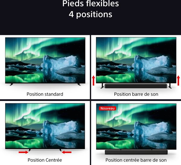 Pieds réglables TV OLED Sony 77 Bravia 8A Le téléviseur OLED Sony 77 Bravia 8A propose quatre positions de pieds flexibles pour s’adapter à différents espaces.