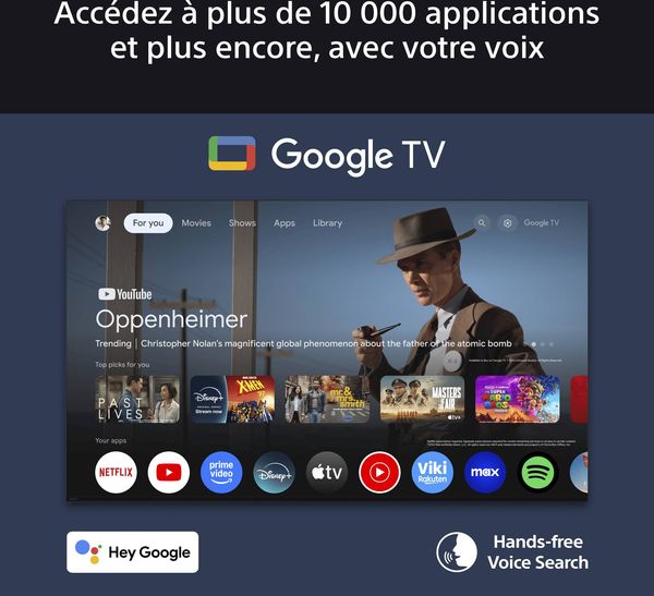 TV OLED Sony 77 Bravia 8A avec Google TV Interface Google TV affichée sur le téléviseur OLED Sony 77 Bravia 8A, avec commande vocale et accès à de nombreuses applications.