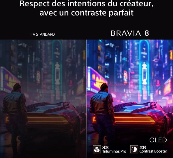 TV OLED Sony 77 Bravia 8A Comparaison de contraste entre une TV standard et le téléviseur OLED Sony 77 Bravia 8A, illustrant la précision d’image.