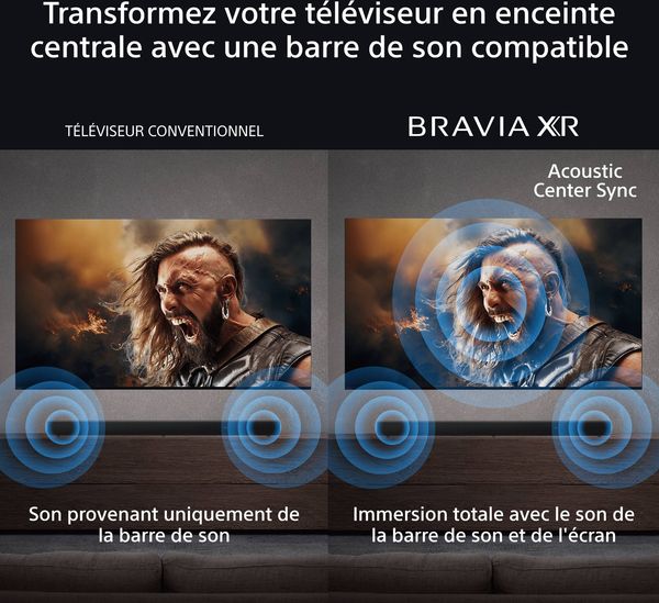 TV OLED Sony 77 Bravia 8A avec Acoustic Center Sync Comparaison audio entre un téléviseur conventionnel et le téléviseur OLED Sony 77 Bravia 8A avec la fonction Acoustic Center Sync.