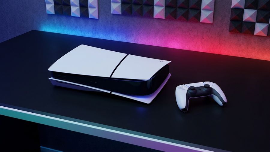 Console PS5 Slim &Eacute;dition Standard (ch&acirc;ssis E) avec architecture AMD, SSD 825 Go et affichage 4K 120 Hz.
